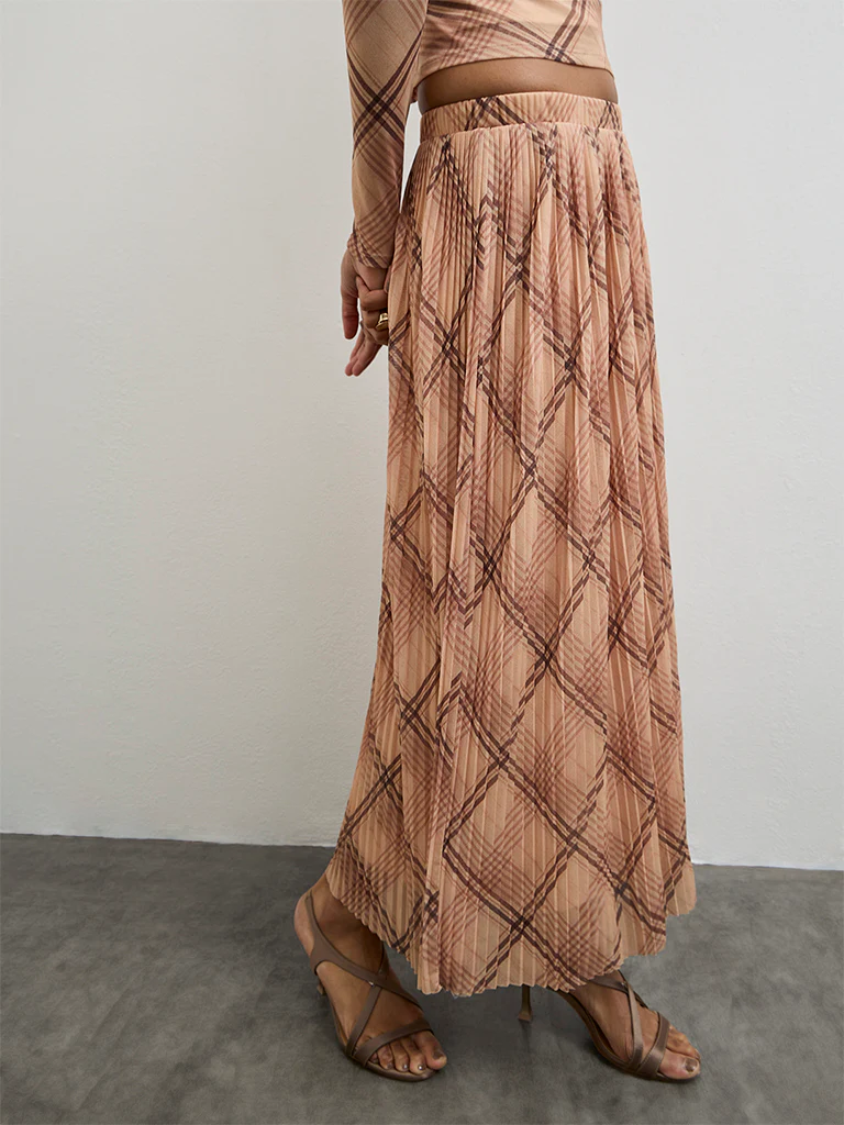Wardrobe Beige Checkered Accordion Pleated High-Rise Skirt - Image 2