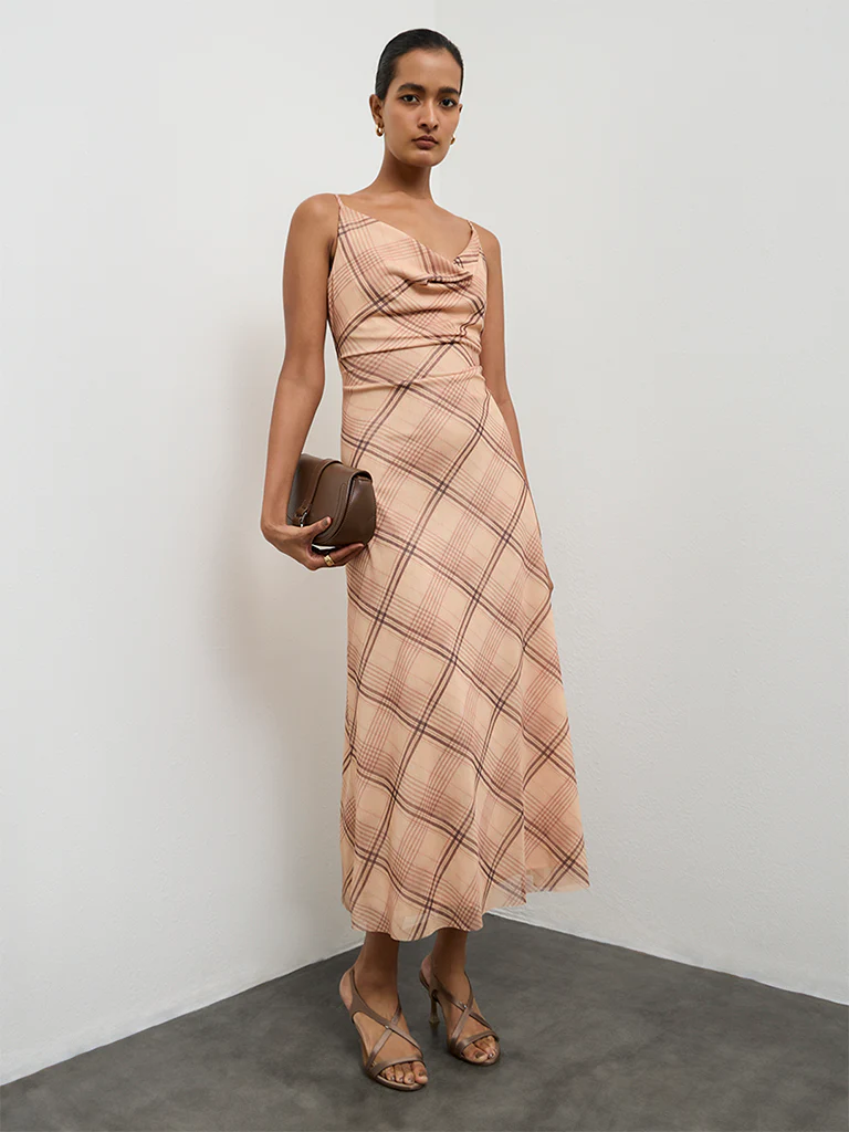 Wardrobe Beige Checks Design A Line Dress