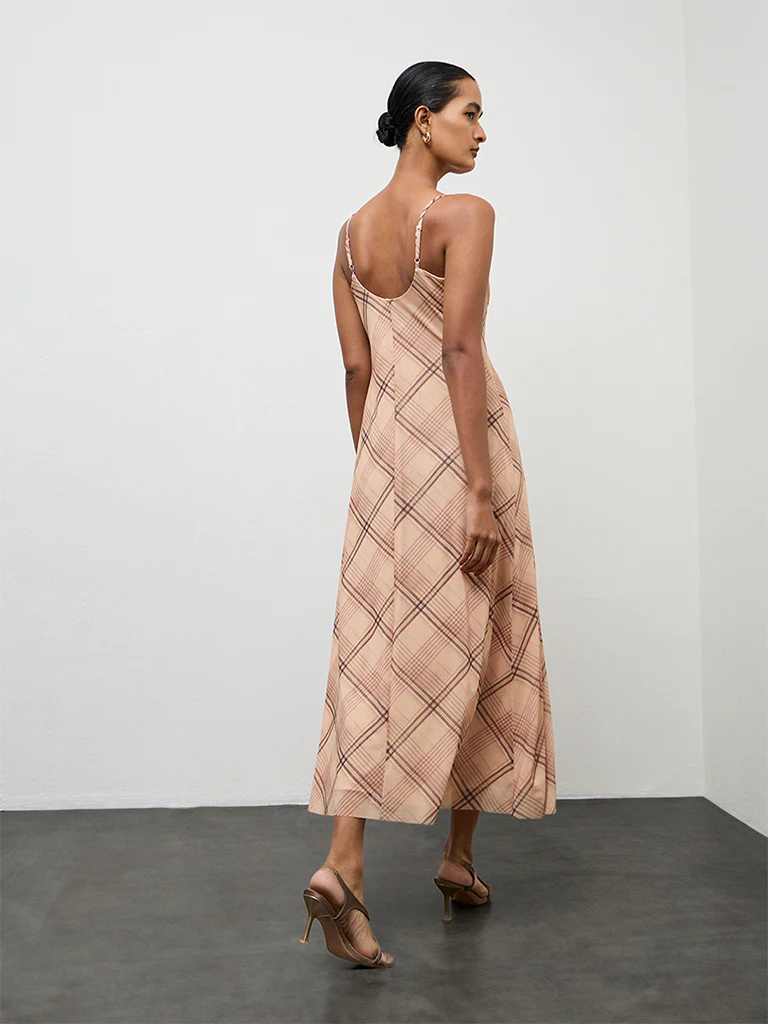 Wardrobe Beige Checks Design A Line Dress - Image 4