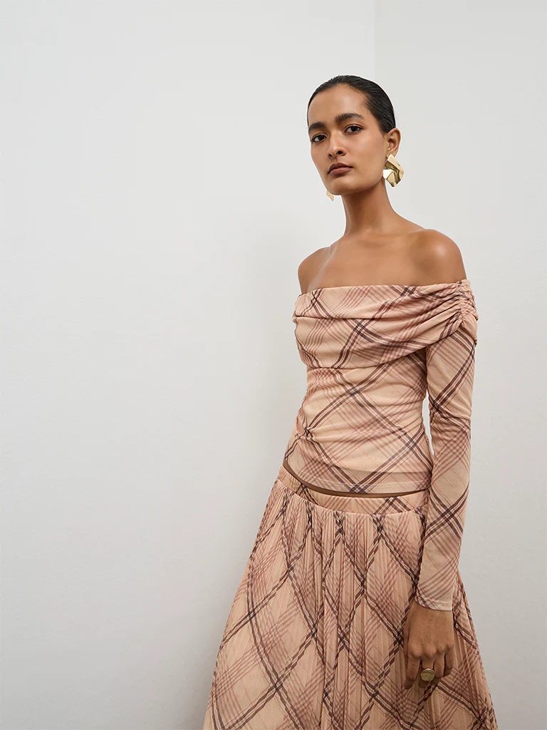 Wardrobe Beige Checks Pattern Off-Shoulder Top