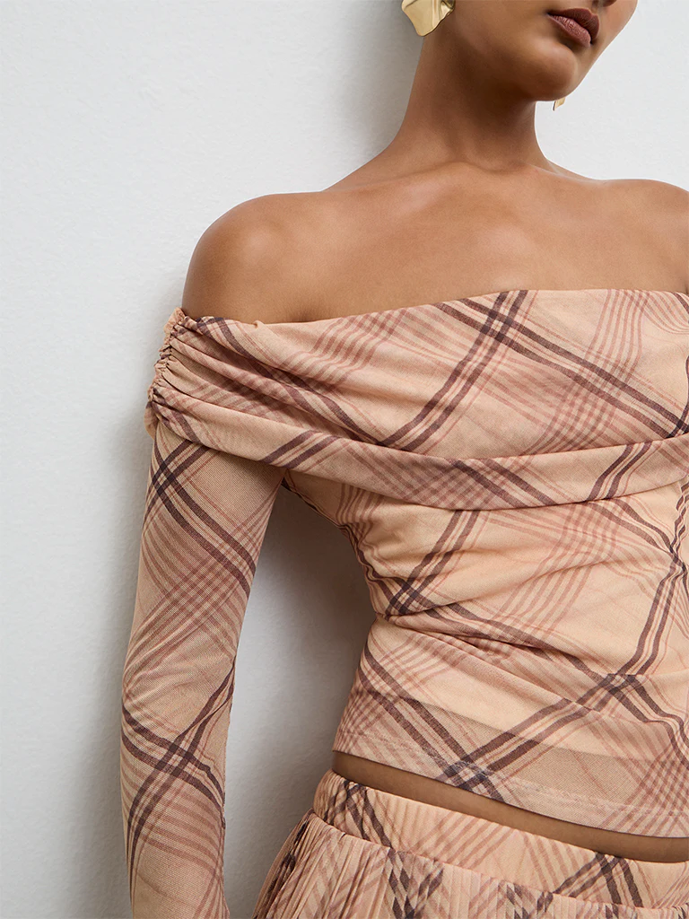 Wardrobe Beige Checks Pattern Off-Shoulder Top - Image 3