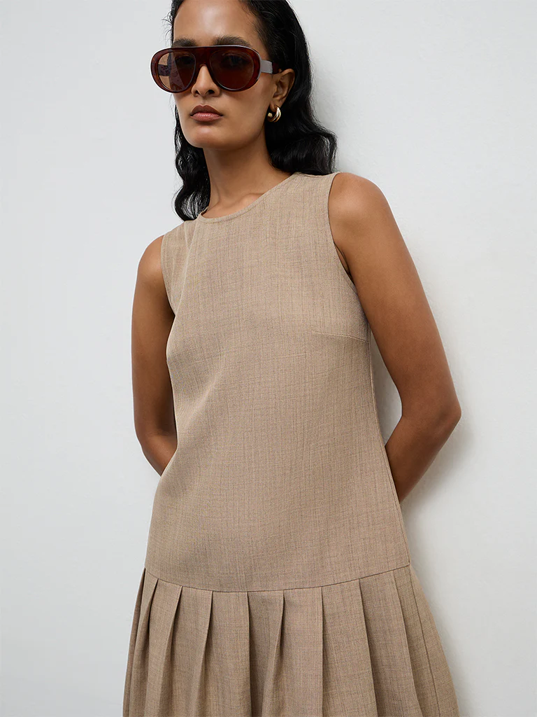 Wardrobe Beige Pleated Drop-Waist Dress - Image 2