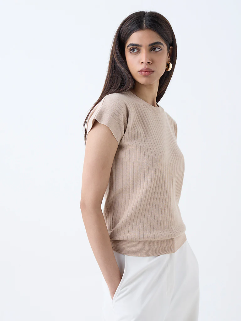 Wardrobe Beige Self-Striped T-Shirt - Image 2