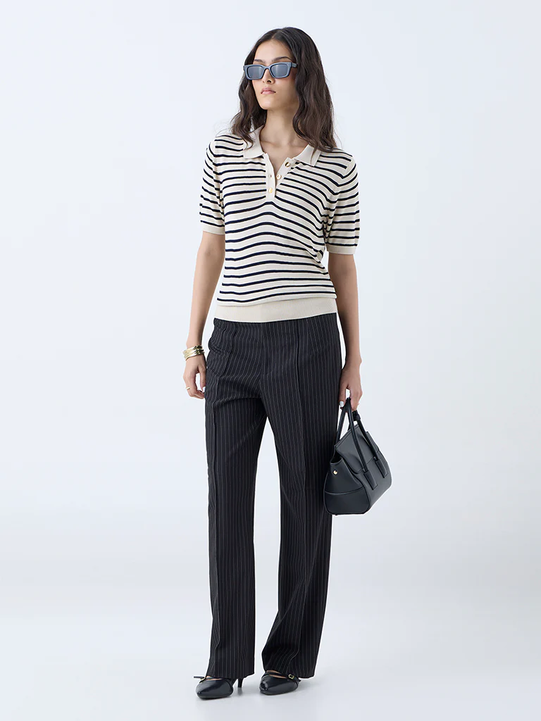 Wardrobe Beige Stripe Knitted Polo T-Shirt - Image 2