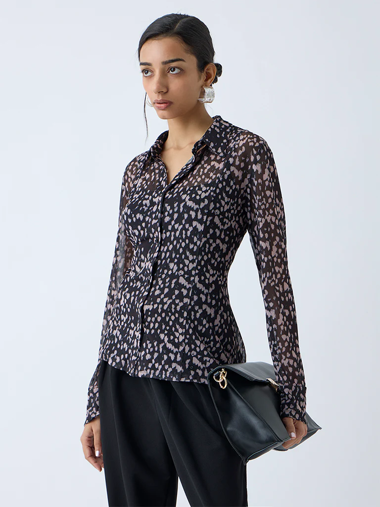 Wardrobe Black Abstract Printed Mesh Shirt with Inner