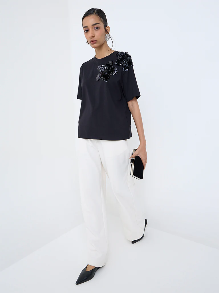 Wardrobe Black Embellished Cotton-Blend T-Shirt - Image 2