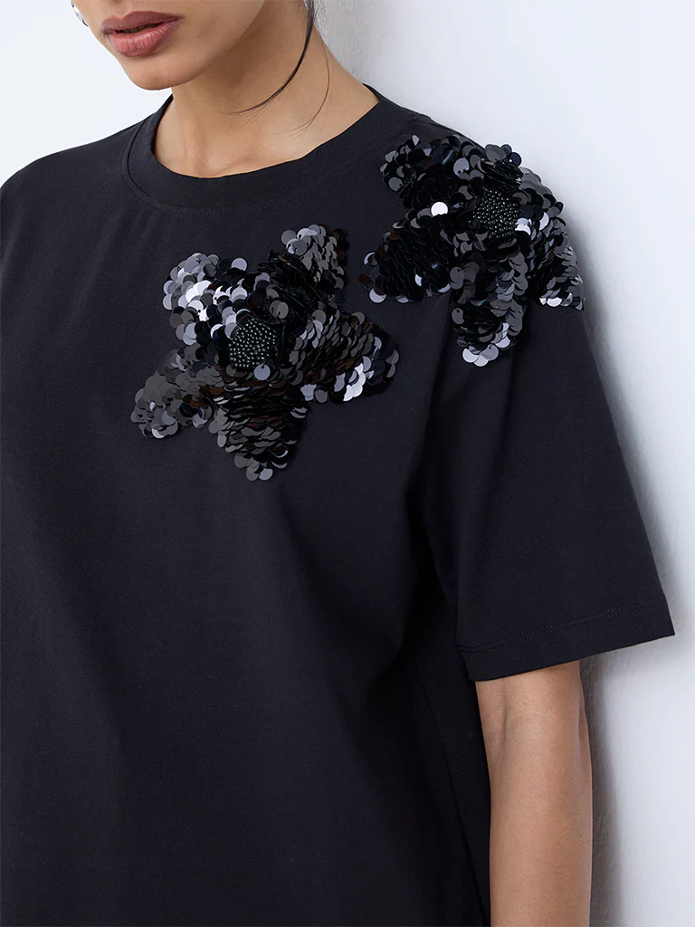 Wardrobe Black Embellished Cotton-Blend T-Shirt - Image 3