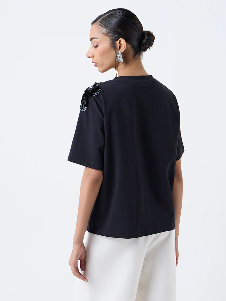 Wardrobe Black Embellished Cotton-Blend T-Shirt - Image 4