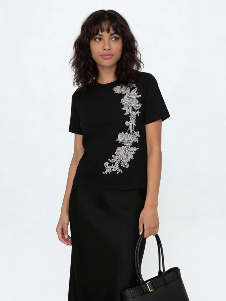 Wardrobe Black Embroidered Cotton-Blend T-Shirt - Image 2