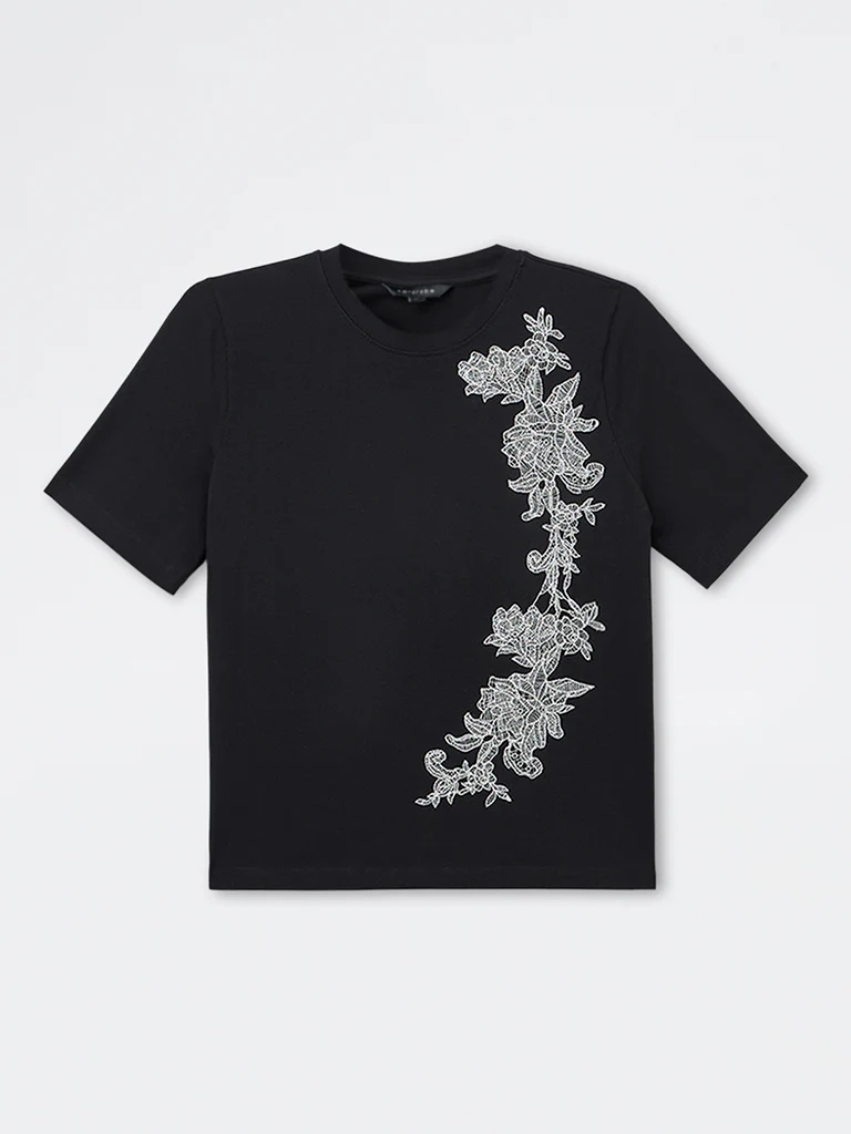 Wardrobe Black Embroidered Cotton-Blend T-Shirt - Image 5