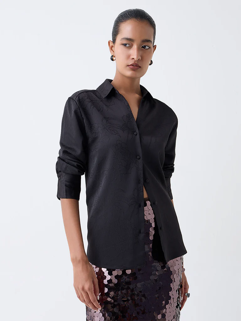 Wardrobe Black Floral Embroidered Shirt