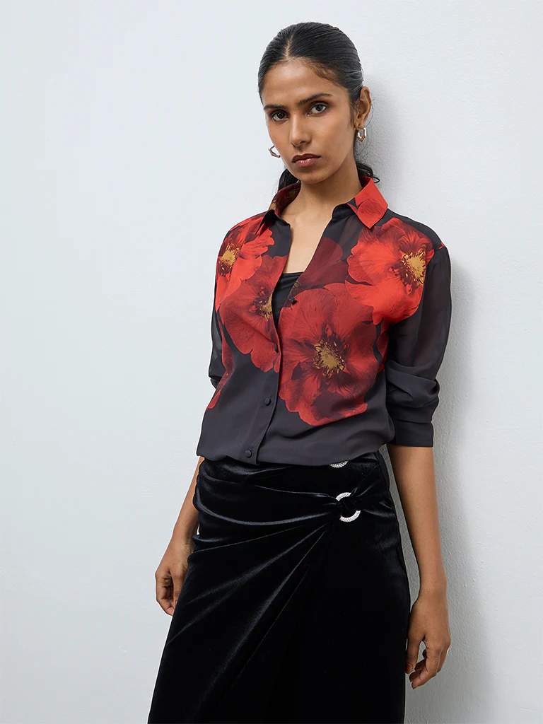 Wardrobe Black Floral Printed Shirt with Camisole