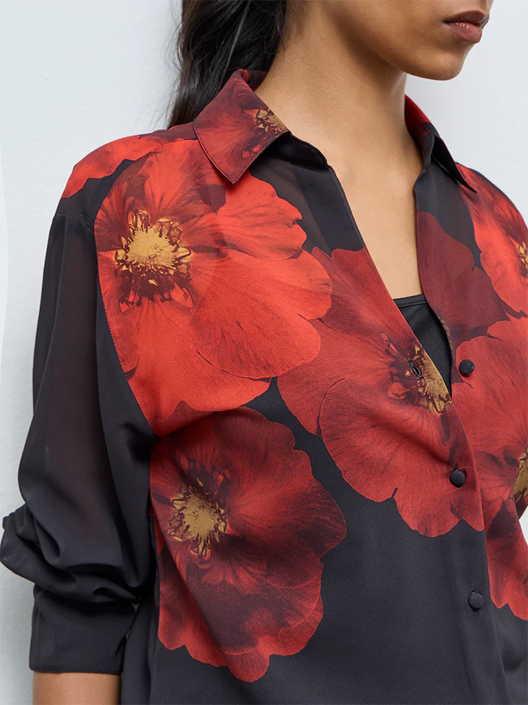 Wardrobe Black Floral Printed Shirt with Camisole - Image 3