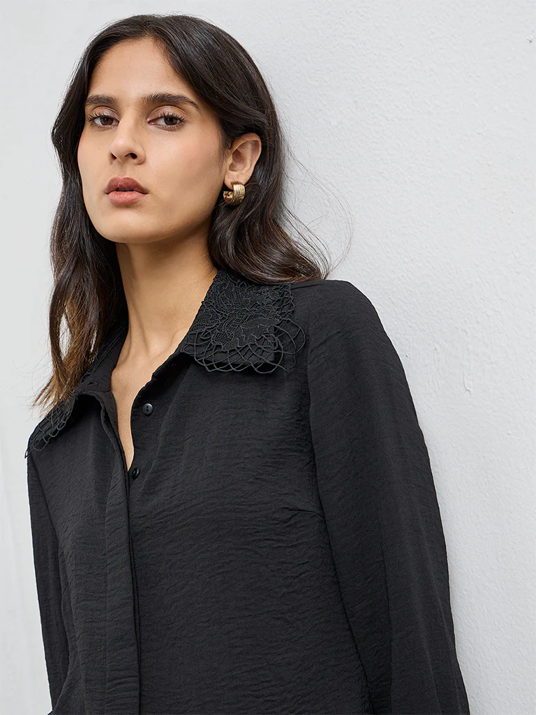 Wardrobe Black Lace-Detail Shirt - Image 3