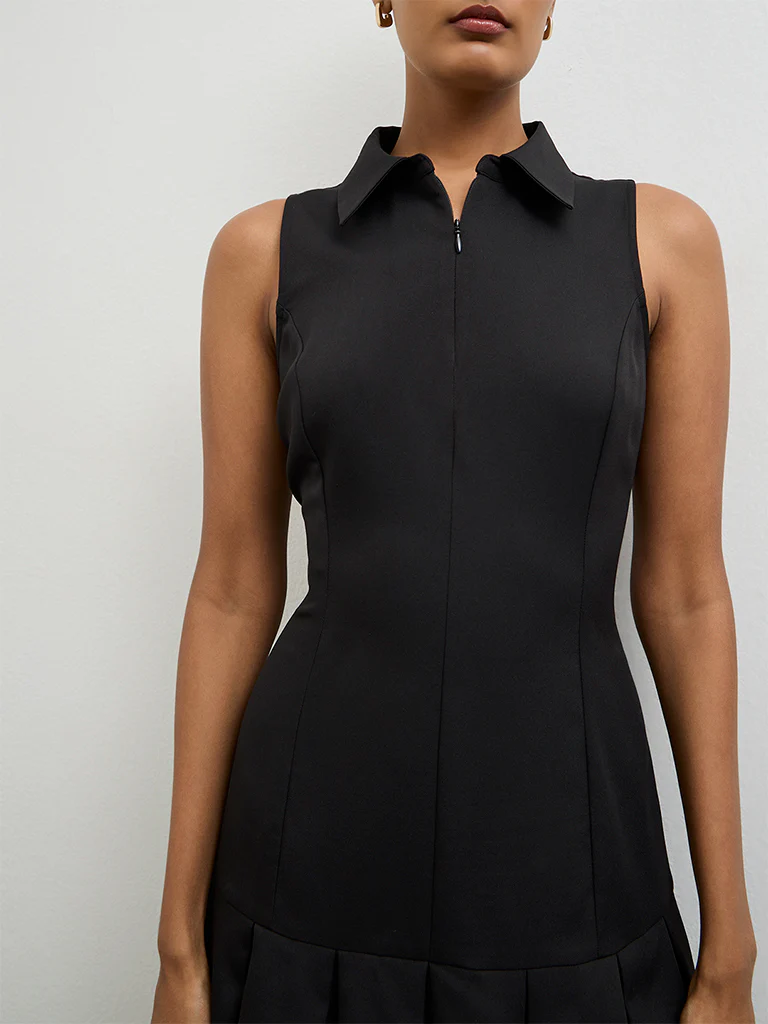 Wardrobe Black Pleated Drop Waist Dress - Image 3