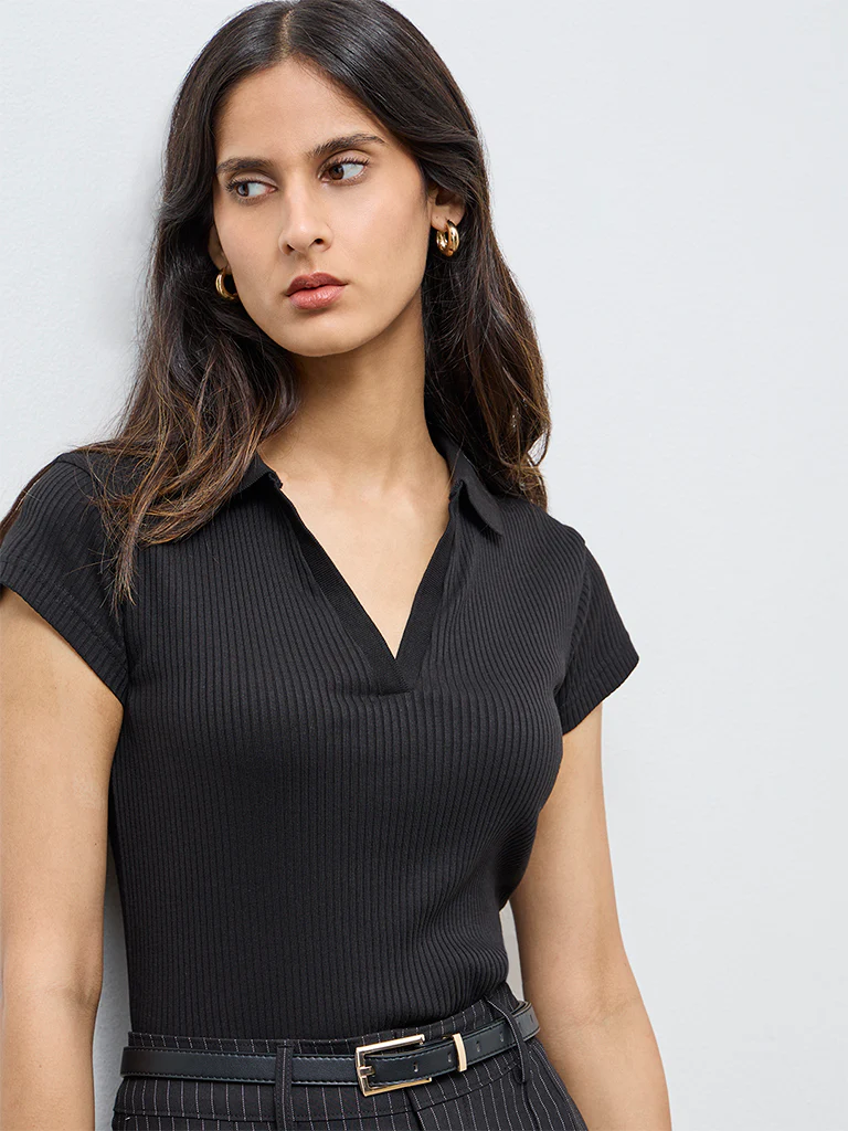 Wardrobe Black Ribbed Cotton-Blend T-Shirt - Image 3
