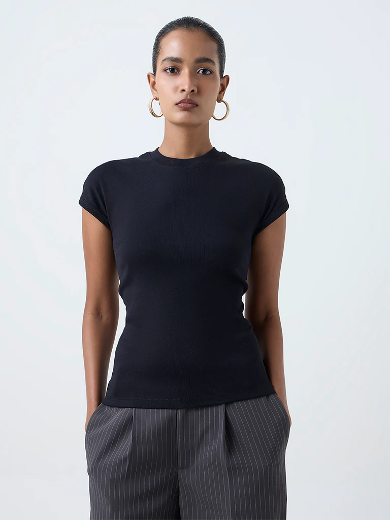 Wardrobe Black Ribbed-Textured Cotton-Blend Top