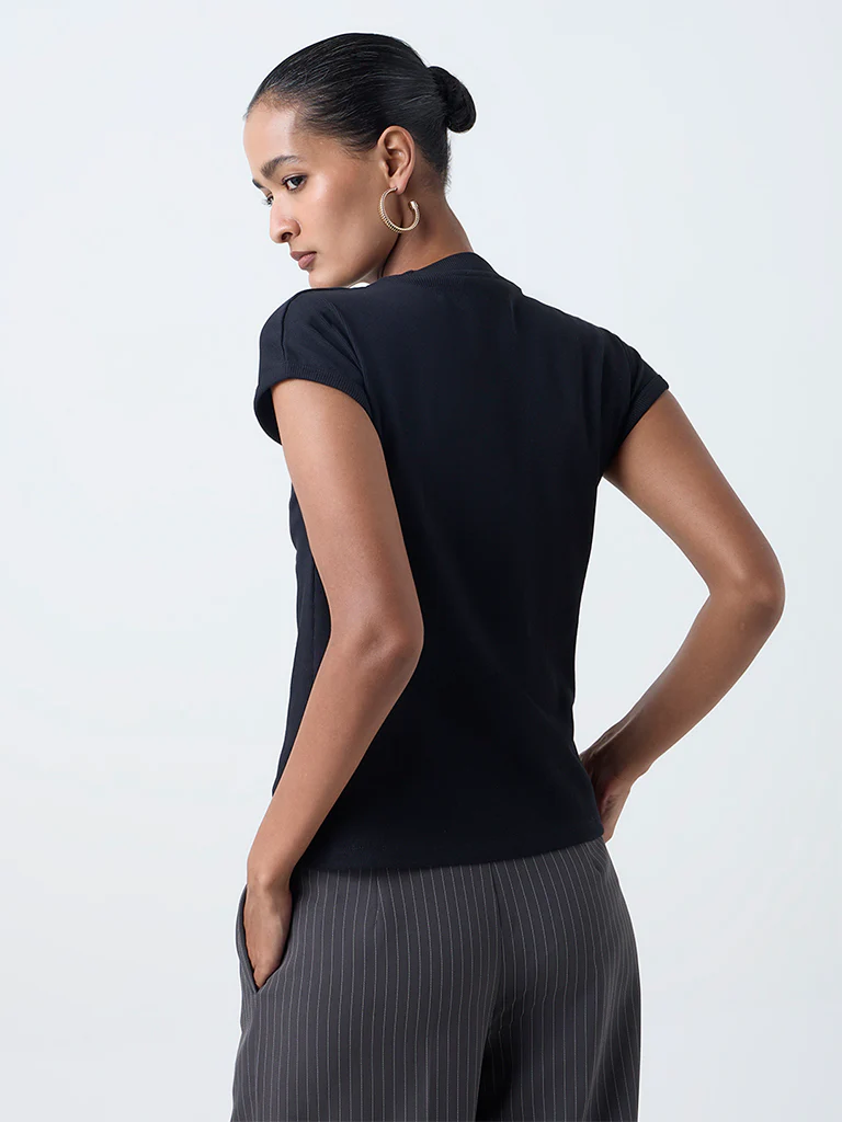 Wardrobe Black Ribbed-Textured Cotton-Blend Top - Image 4
