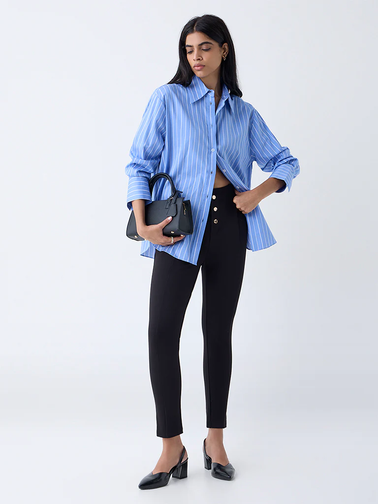 Wardrobe Black Solid Button-Detailed High-Rise Trousers