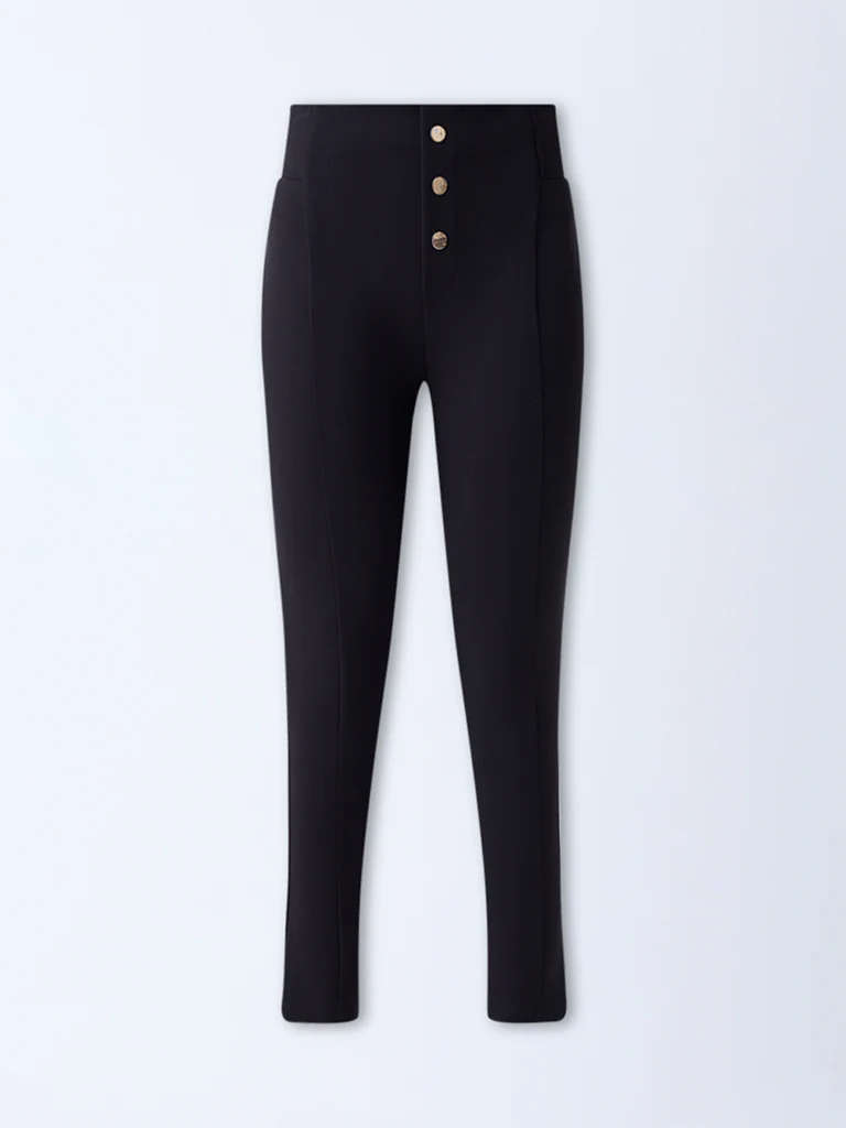 Wardrobe Black Solid Button-Detailed High-Rise Trousers - Image 5