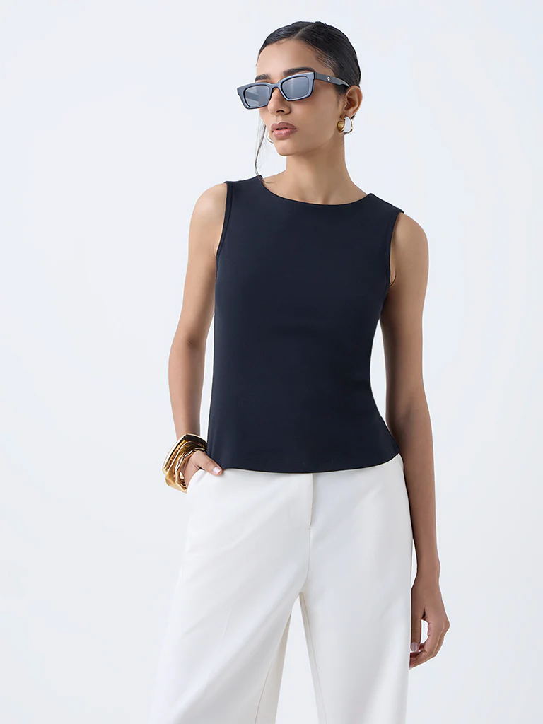 Wardrobe Black Solid Cotton-Blend T-Shirt