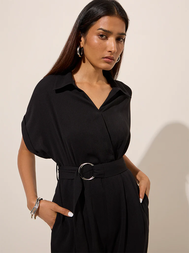 Wardrobe Black Solid Jumpsuit with Belt - Image 2