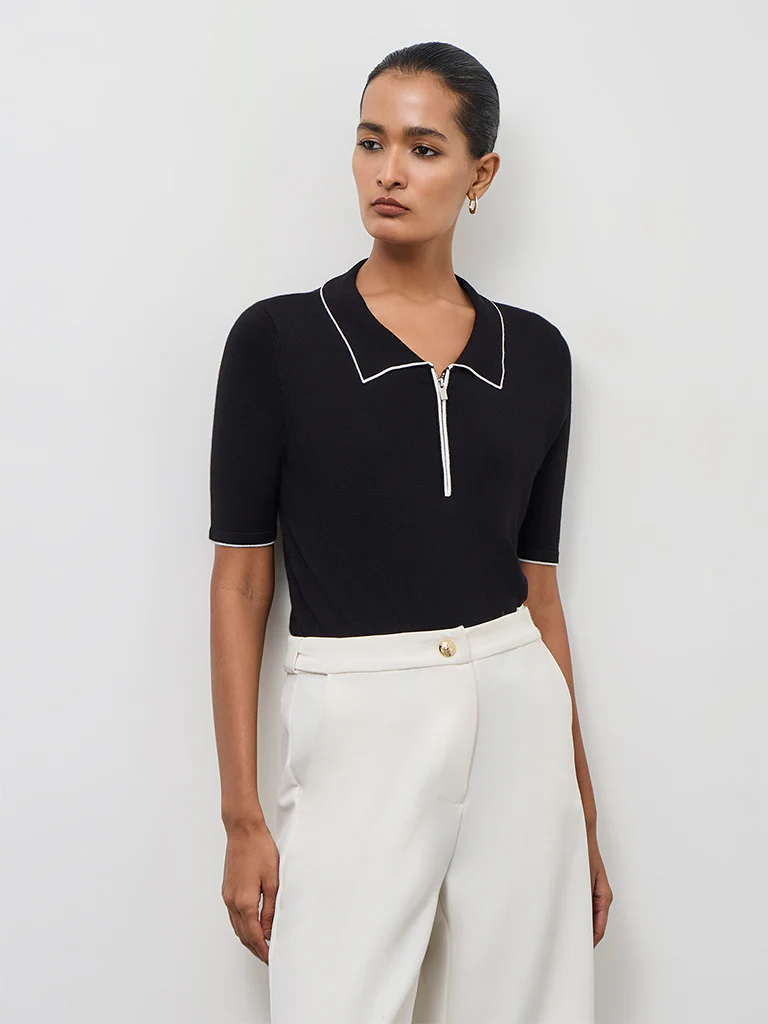 Wardrobe Black Solid Quarter-Zip Top
