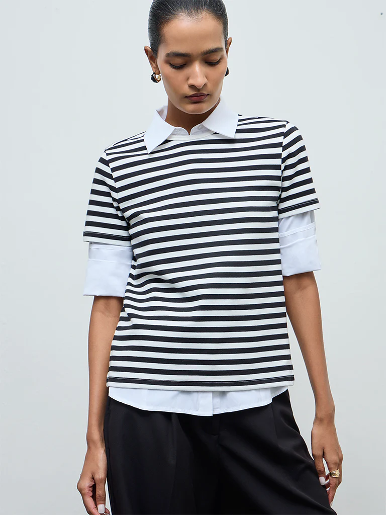 Wardrobe Black Striped Cotton-Blend T-Shirt - Image 2
