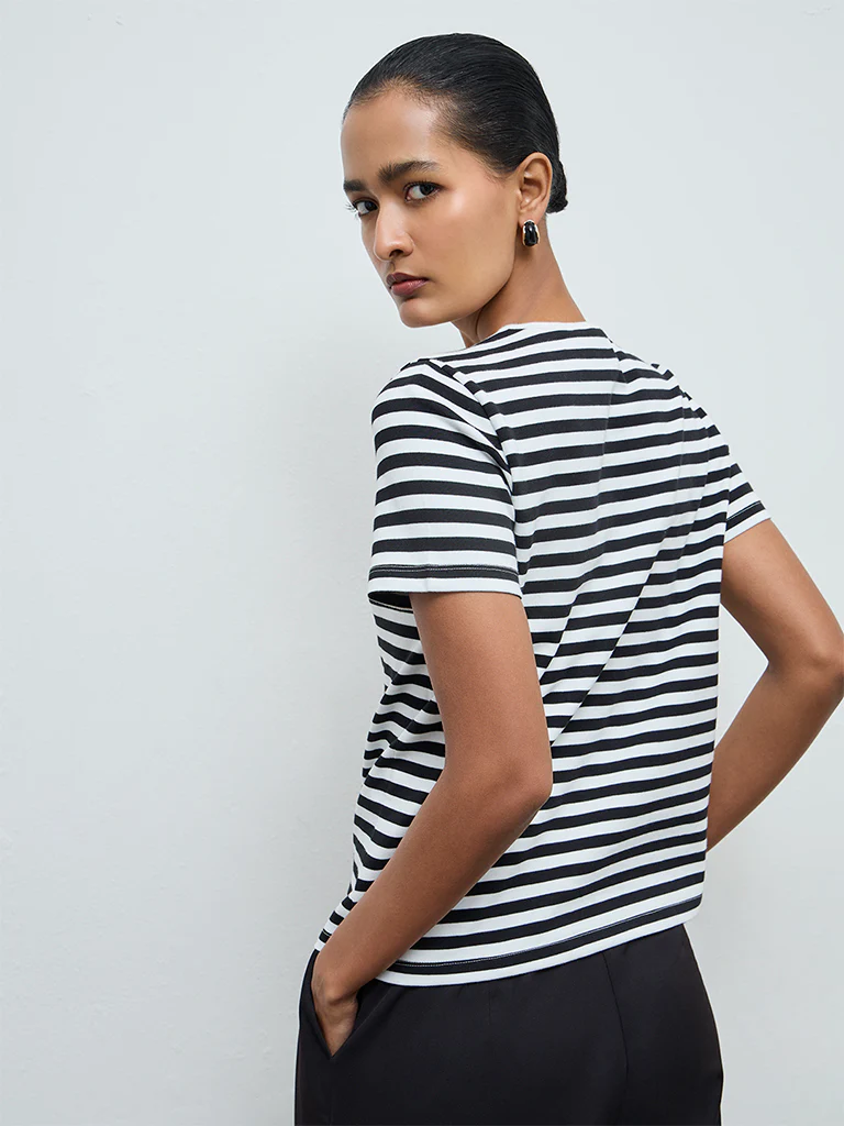 Wardrobe Black Striped Cotton-Blend T-Shirt - Image 4