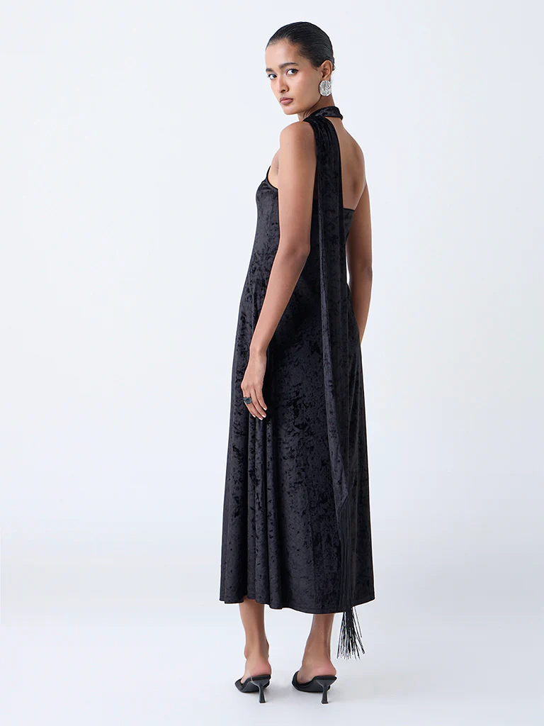 Wardrobe Black Velvet A-Line Dress - Image 2