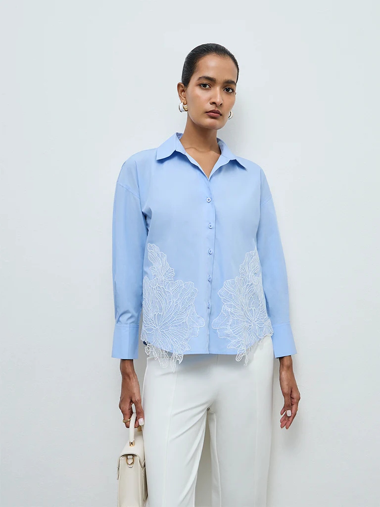 Wardrobe Blue Floral Embroidered Cotton Shirt
