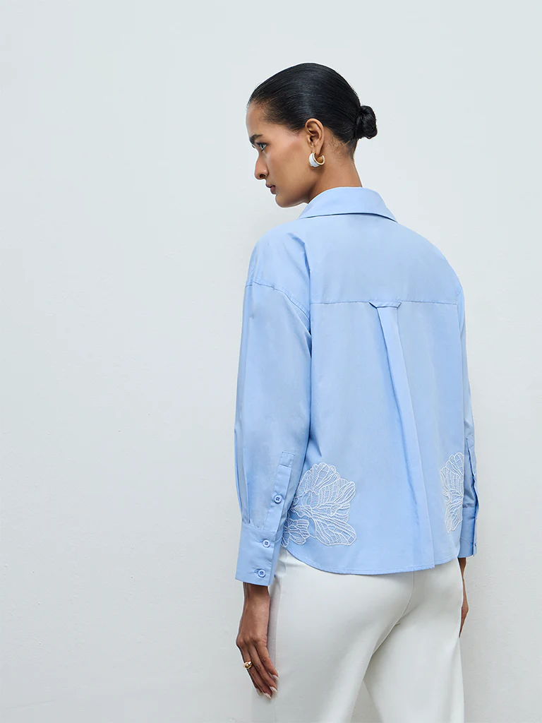 Wardrobe Blue Floral Embroidered Cotton Shirt - Image 4