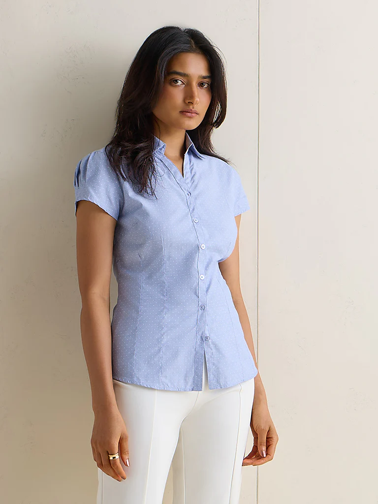 Wardrobe Blue Polka Dot Cotton-Blend Shirt - Image 2