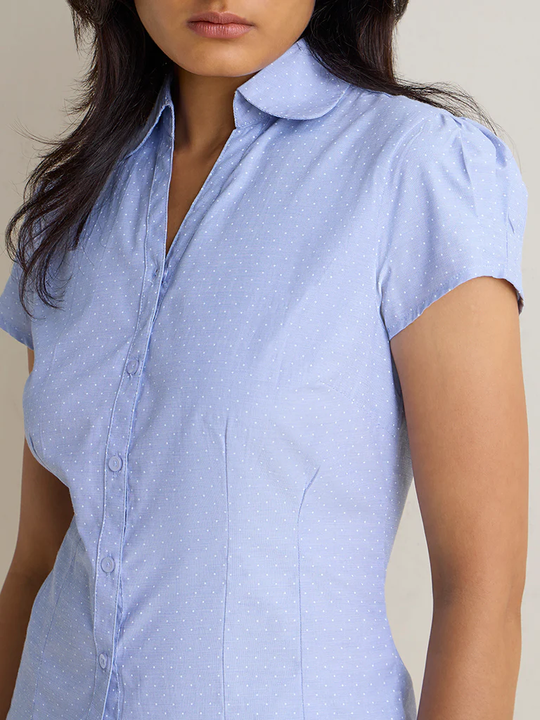 Wardrobe Blue Polka Dot Cotton-Blend Shirt - Image 3
