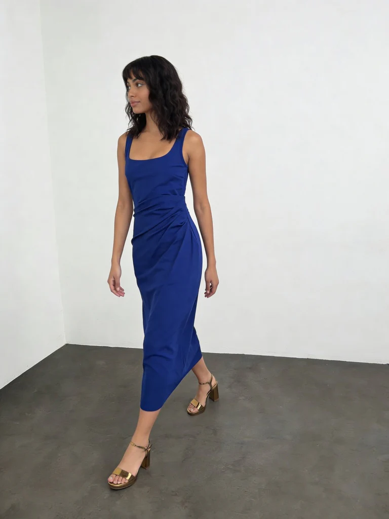 Wardrobe Blue Ruched Detail Midi Bodycon Dress