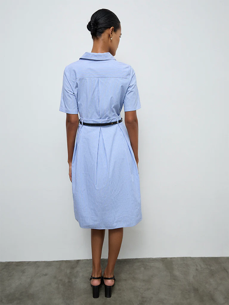 Wardrobe Blue Striped Cotton A-Line Dress with Belt - Image 4