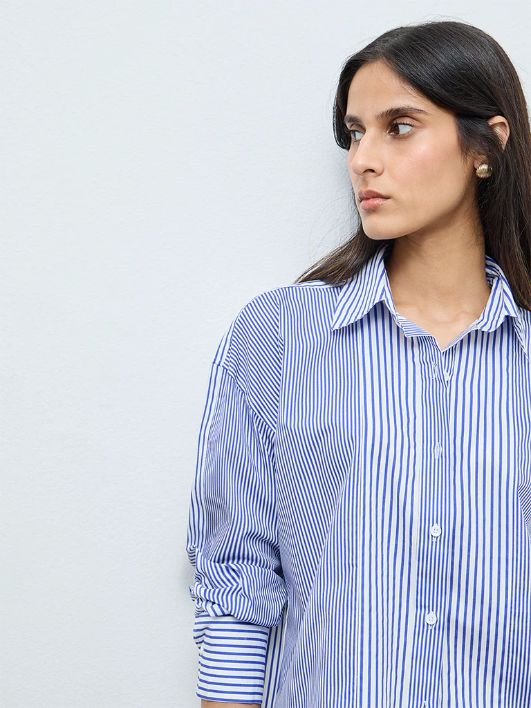Wardrobe Blue Striped Cotton Shirt - Image 3