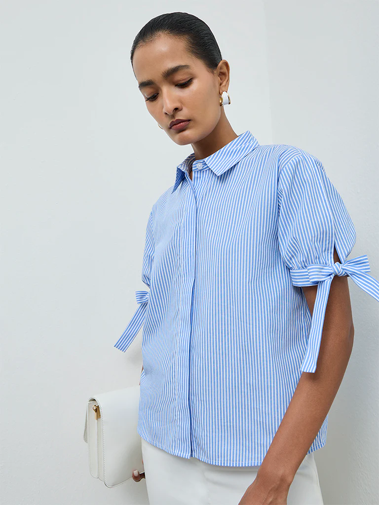 Wardrobe Blue Striped Cotton Shirt - Image 3