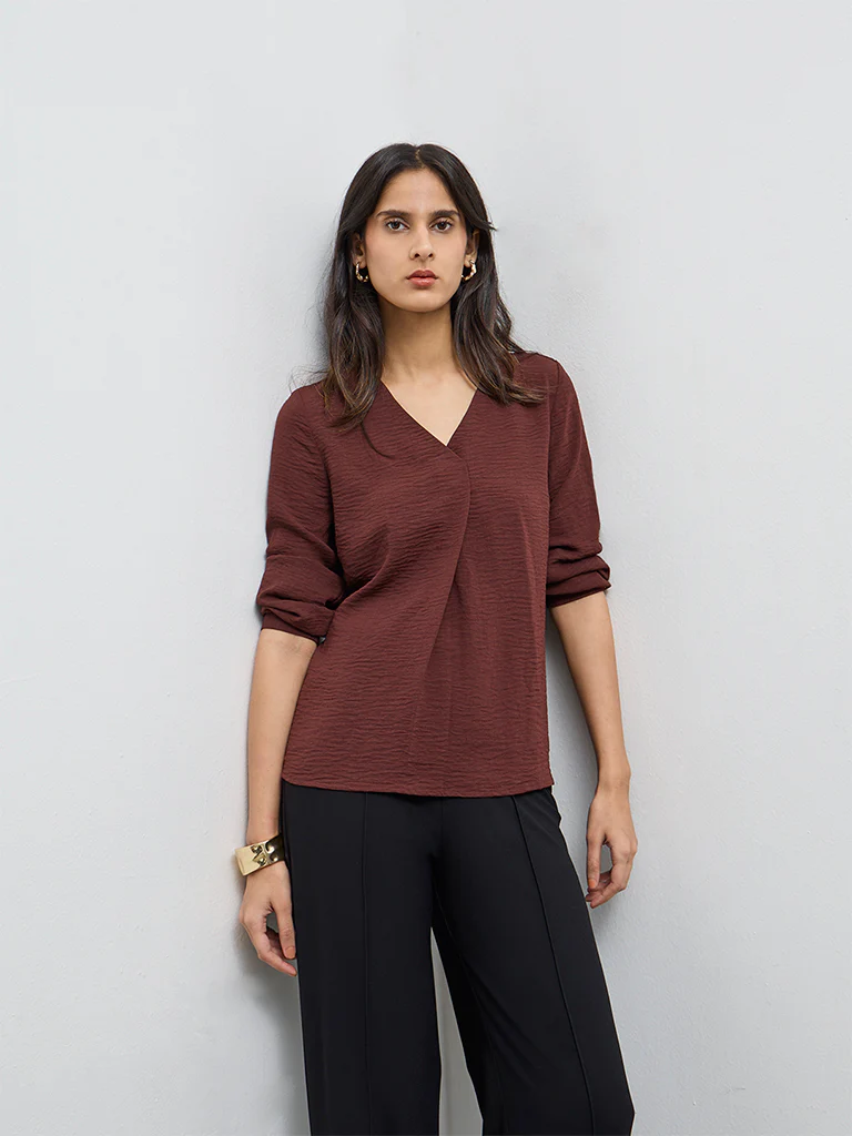 Wardrobe Brown Crinkle-Texture Blouse