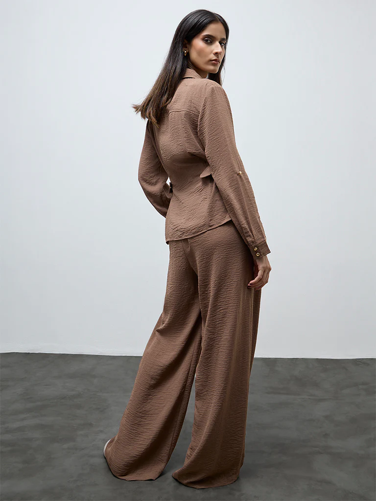 Wardrobe Brown Crinkle-Textured High-Rise Trousers - Image 4