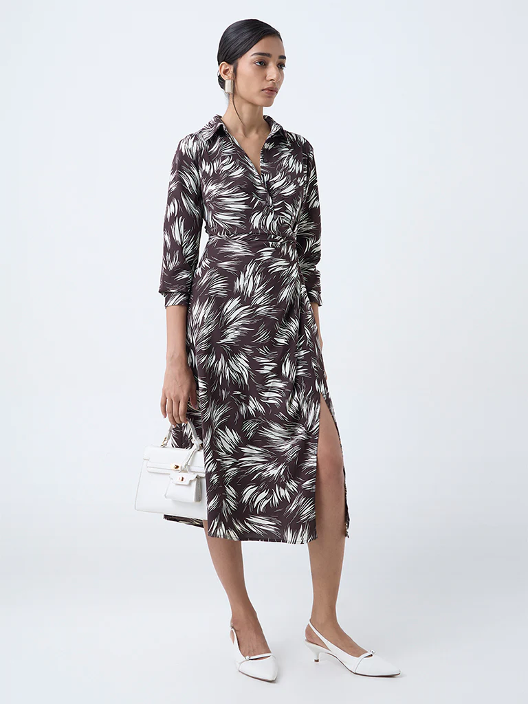 Wardrobe Brown Printed Ruched A-Line Dress - Image 2
