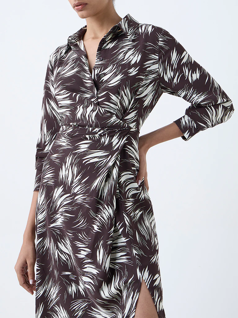 Wardrobe Brown Printed Ruched A-Line Dress - Image 3