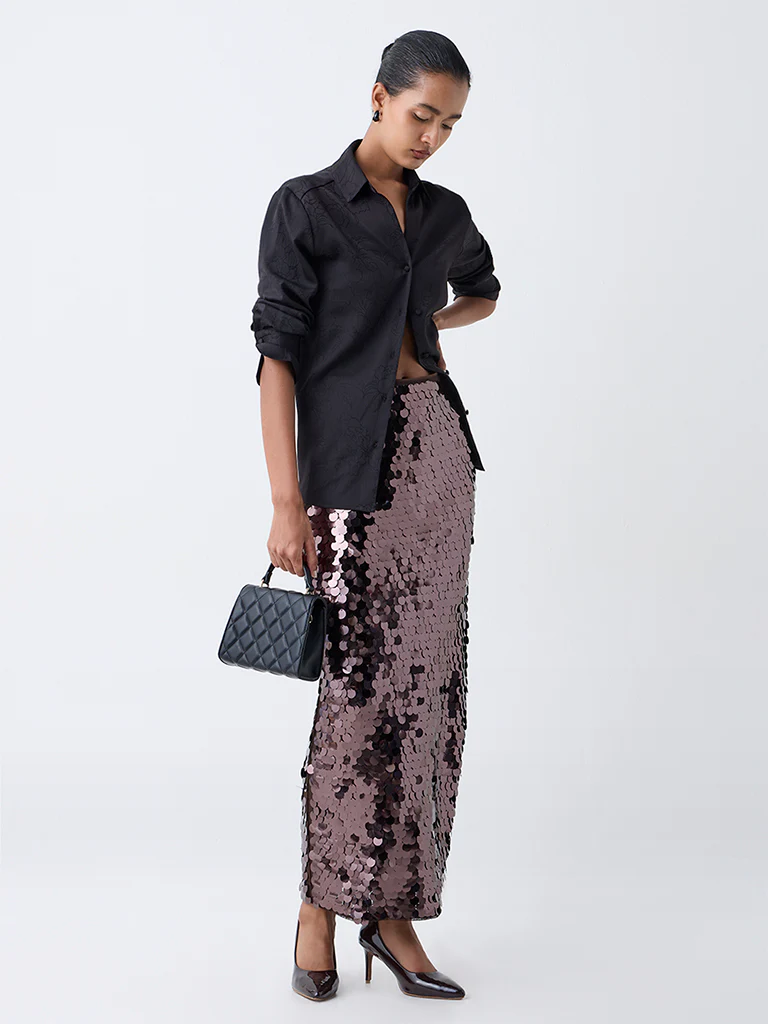 Wardrobe Brown Sequin High-Rise Skirt