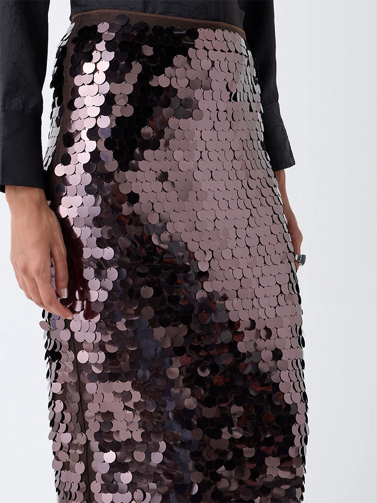 Wardrobe Brown Sequin High-Rise Skirt - Image 3