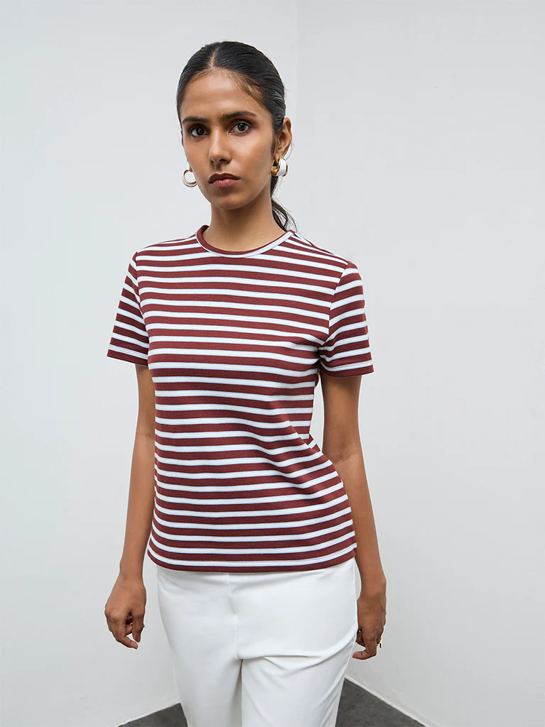 Wardrobe Brown Striped Cotton-Blend T-Shirt