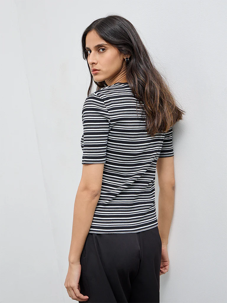 Wardrobe Brown Striped Cotton-Blend T-Shirt - Image 4