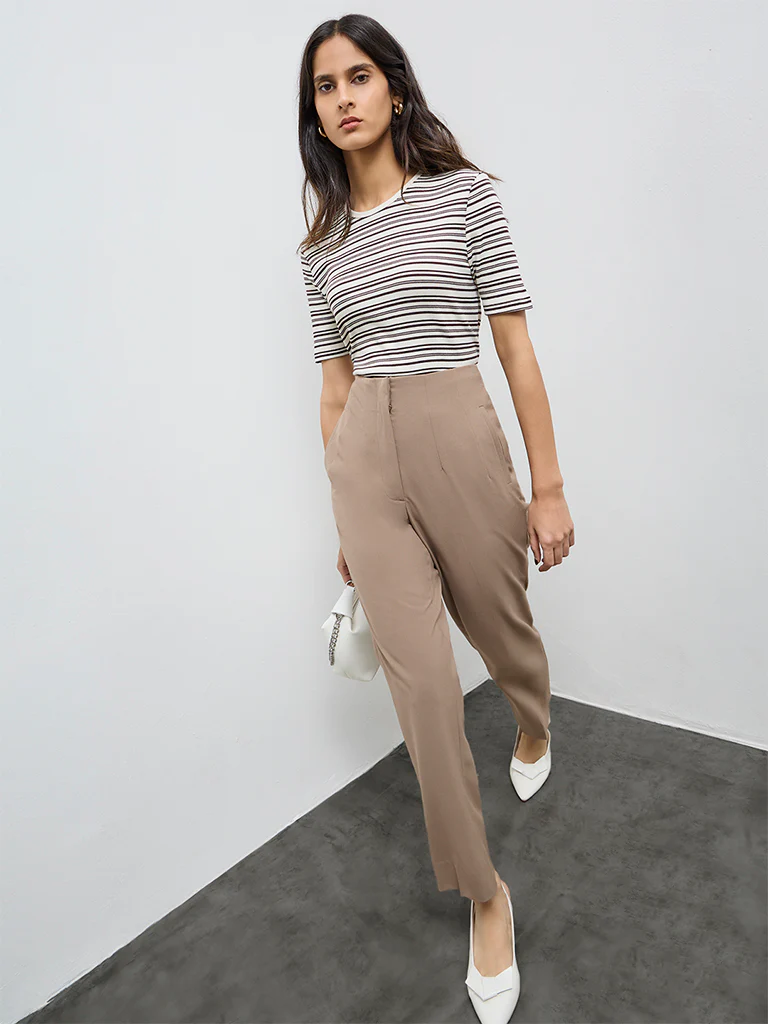 Wardrobe Brown Striped Cotton-Blend T-Shirt - Image 2