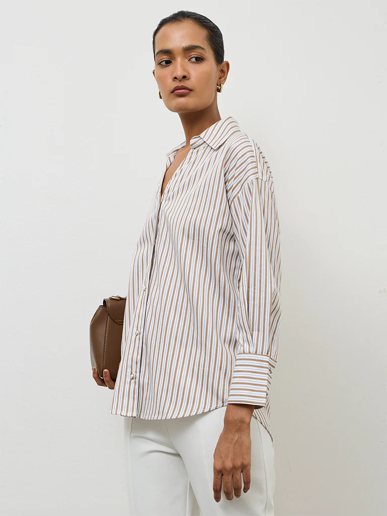 Wardrobe Brown Striped Cotton Shirt - Image 2