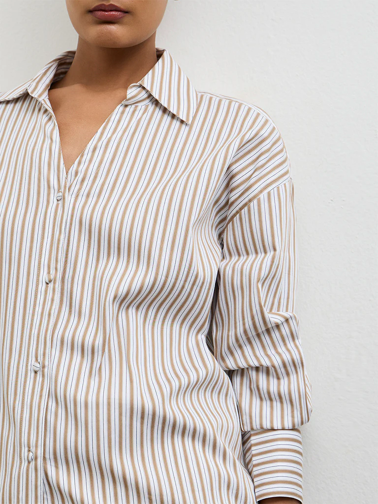 Wardrobe Brown Striped Cotton Shirt - Image 3