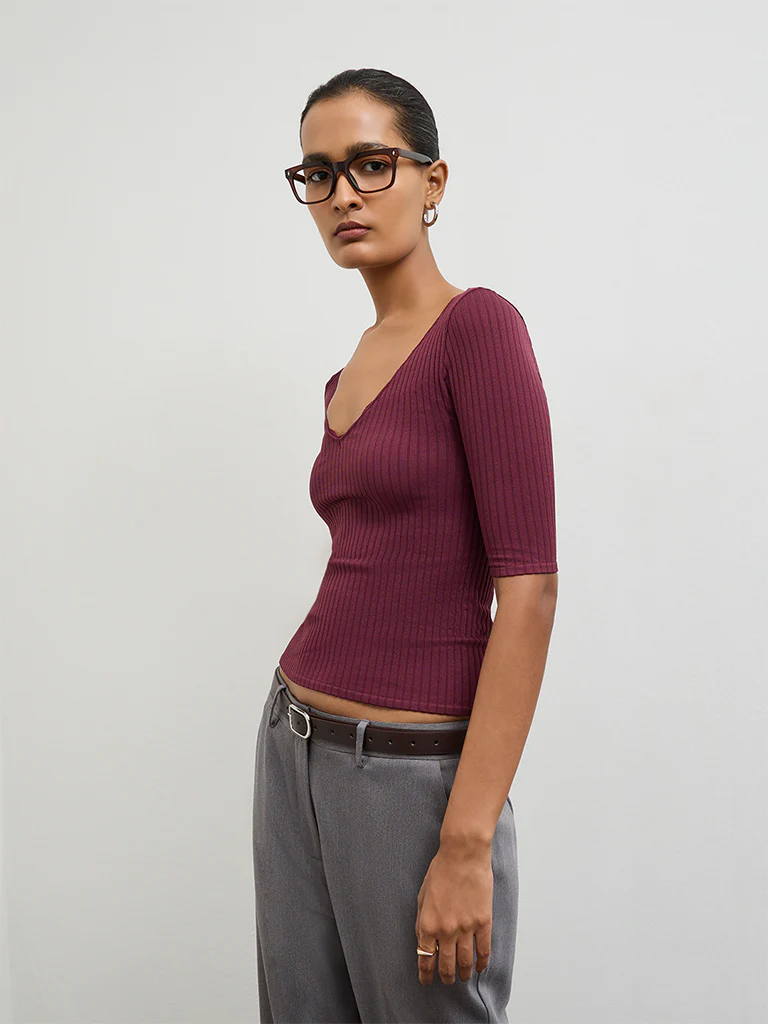 Wardrobe Burgundy Ribbed Top - Image 2